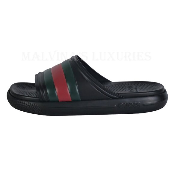 GUCCI SHOES MENS BLACK RUBBER ACE SLIDE SANDAL w WEB DETAIL sz 7G 7.5 US